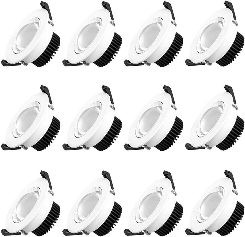 Adjustable Angle Ceiling Downlight, Three Color Dimming Retrofit Downlight, 10W COB Recessed Lighting, LED Downlight, Baffle Trim, for Home Background Wall Washer Light 12 Pack