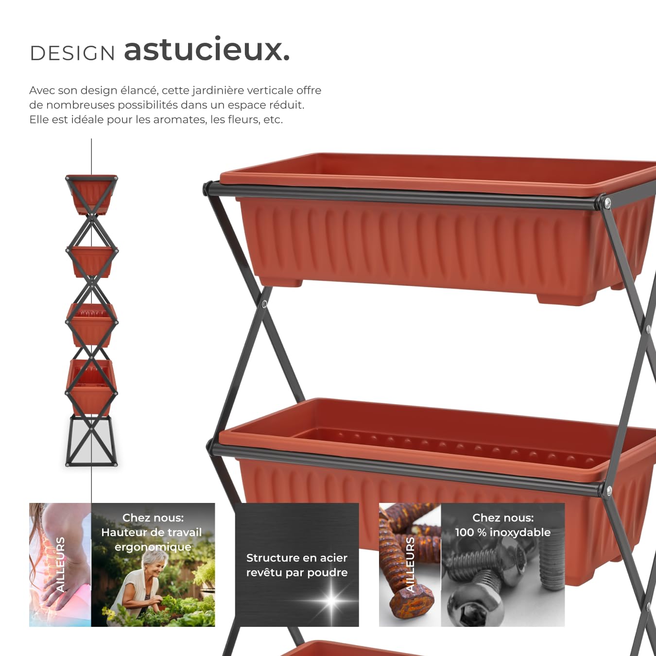 tectake® Potager de Jardin surélevé Jardinière Verticale avec 4 Bacs à Fleurs Culture en Hauteur Châssis Robuste Pliable Intérieur Extérieur Bac à semis 52x21x127 cm Jardin Terrasse Balcon