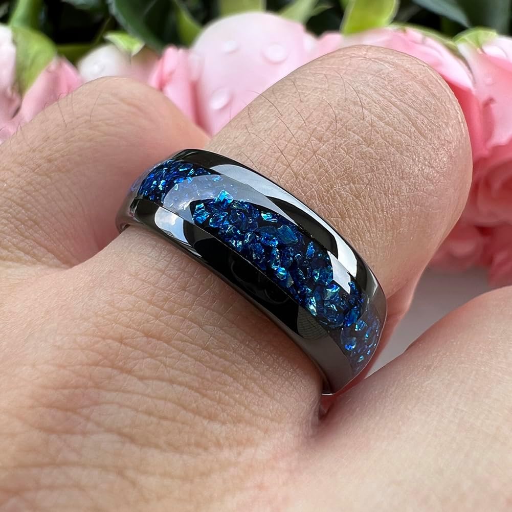 8mm Black Tungsten Rings for Men Women Outer Space Nebula Galaxy Blue Gemstone Purple Amethyst Inlay Engagement Wedding Band Polished Comfort Fit - Image 5