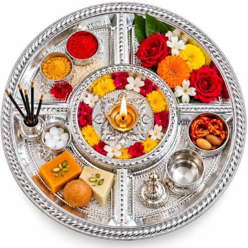Best Puja Thali Sets: Stainless Steel vs Brass 3 12 Inch Silver Plated Pooja Thali Set, 31 cm Handcrafted Embossed...