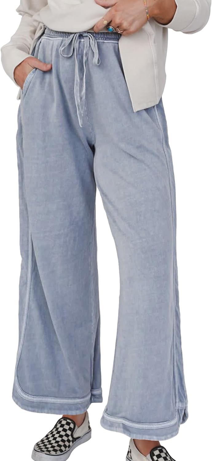 Ainangua Women's Casual Wide Leg Pants High Waist Acid Wash Baggy Palazzo Pants Athletic Lounge Trousers with Pockets