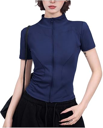 Womens Athletic Jacket for Running Yoga Slim Full Zip Stand Collar Fitness Casual Short Sleeve Sports Workout Tops