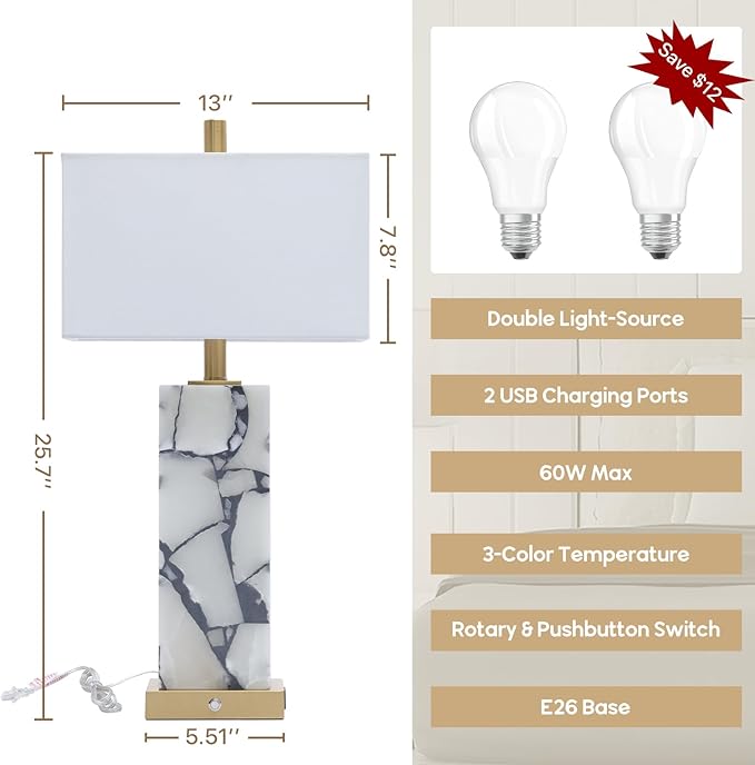 vallerico Natural Marble Table Lamps Set of 2: 3-Color Temperatures Alabaster Lamp with Nightlight, Bedside lamps with USB Ports, Bedroom Lamps for Night Stands End Table lamps for Living Room, Bulbs Included photo 5