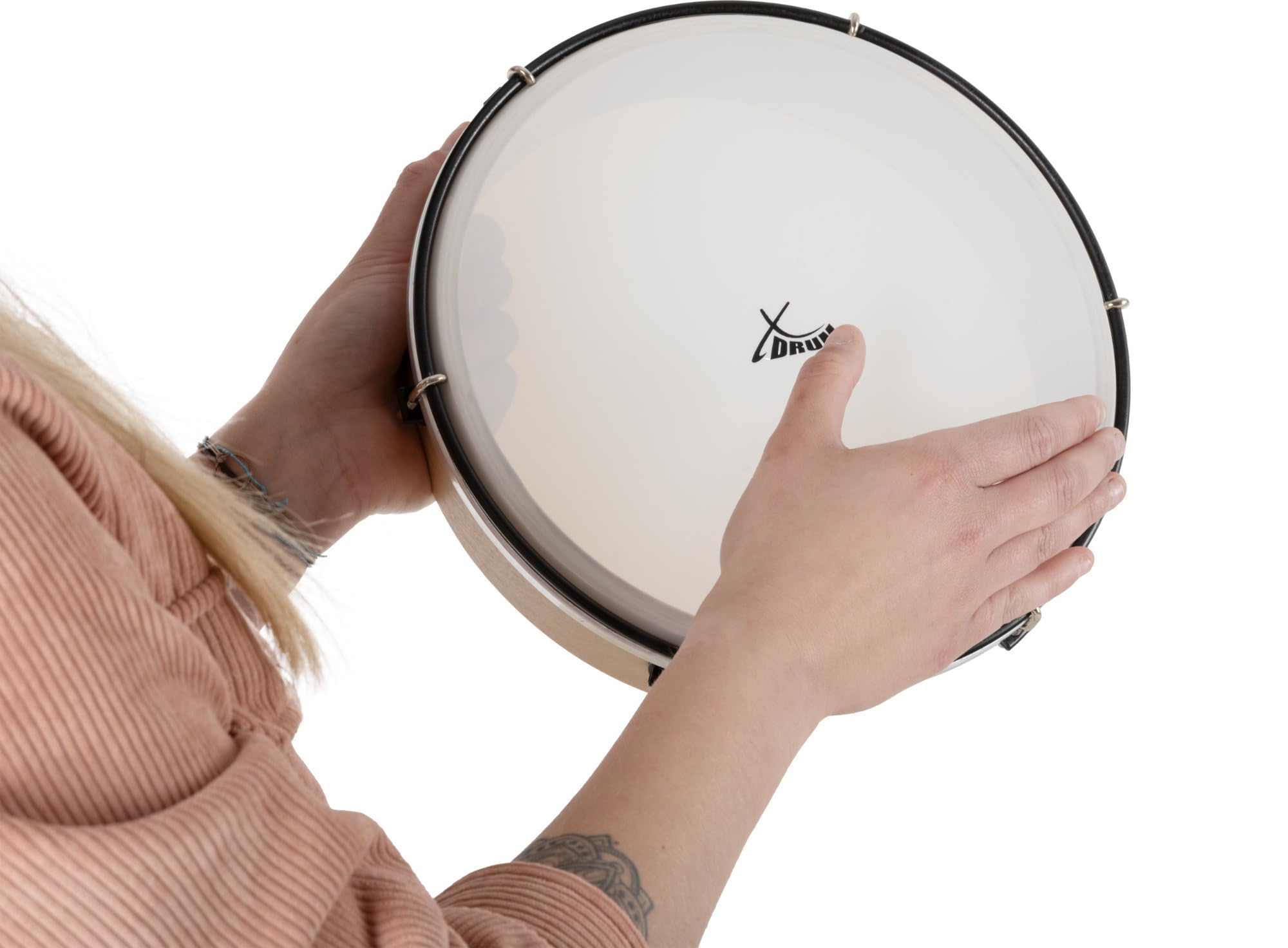 XDrum HTM-10K Tambourin 10" avec Peau Synthétique, Diamètre: 10" (25 | 4 cm), Peau en polyester robuste, Cadre en érable, 6 crochets de tension pour accorder le tambourin, Poignée ergonomique