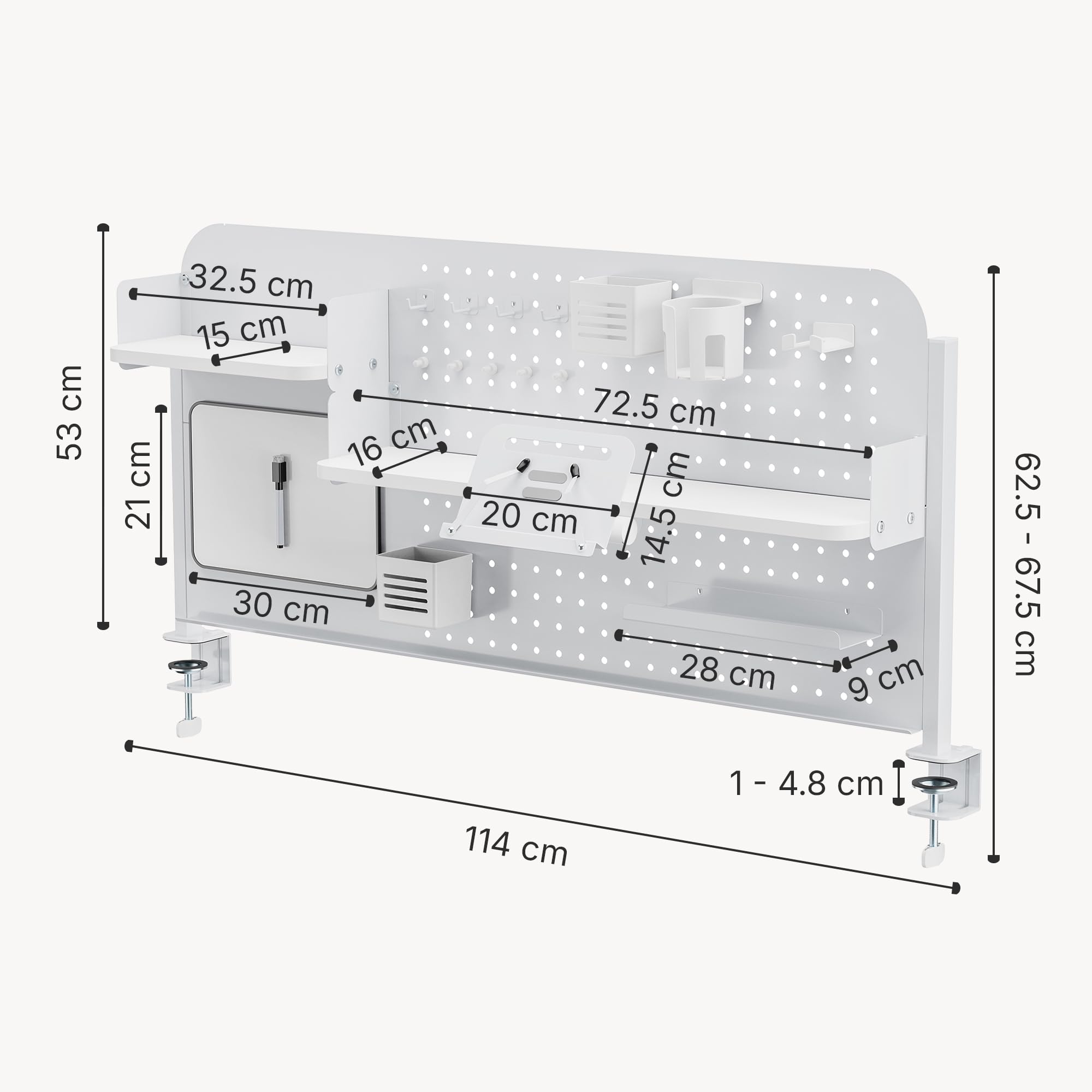 [en.casa] Organizzatore da Scrivania con Morsetti Pannello Forato Organizer Pegboard per Cameretta Studio 3 Ripiani Supporto Tablet Cuffie Porta Bicchieri Penne Lavagna Ganci 114x68 cm - Bianco