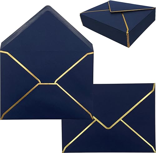 Paquete de 50 sobres de 5 x 7 pulgadas para invitaciones con borde dorado, sobres autoadhesivos A7 con solapa en V para tarjetas de felicitación,