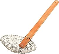 Vista 13 de Espumador de malla gruesa de 14 pulgadas de acero galvanizado con mango de bambú natural- Cucharón de araña para freír alimentos pasta espaguetis