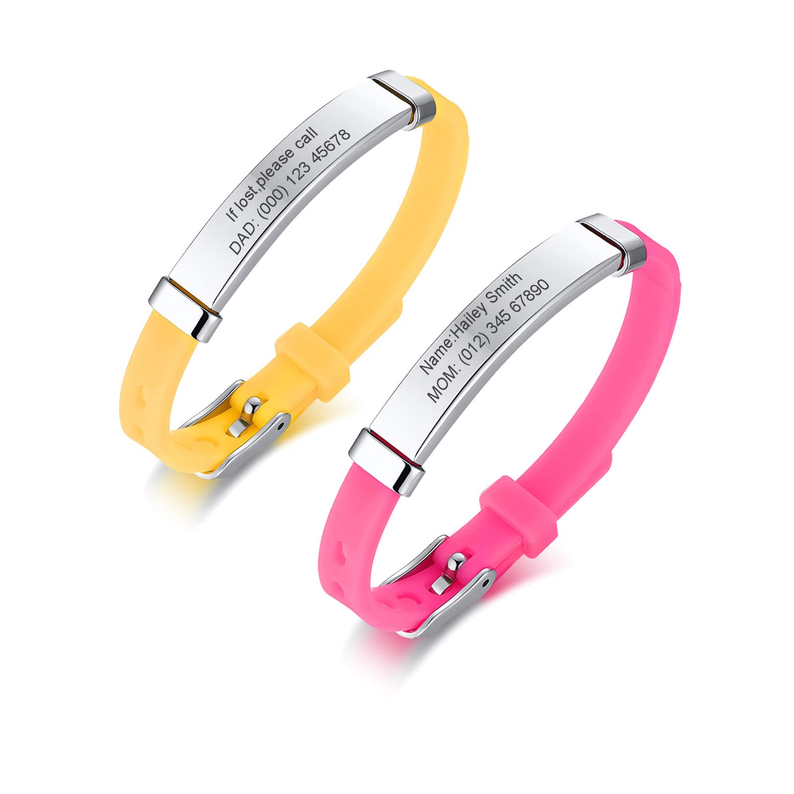 PJ JEWELLERY Pack of 2 Assorted Color Personalised Stainless Steel Soft Silicone Child Safety ID Bracelets Adjustable Anti-Lost ID Wristbands for Kid Girls Boys (Pink/Yellow (new))