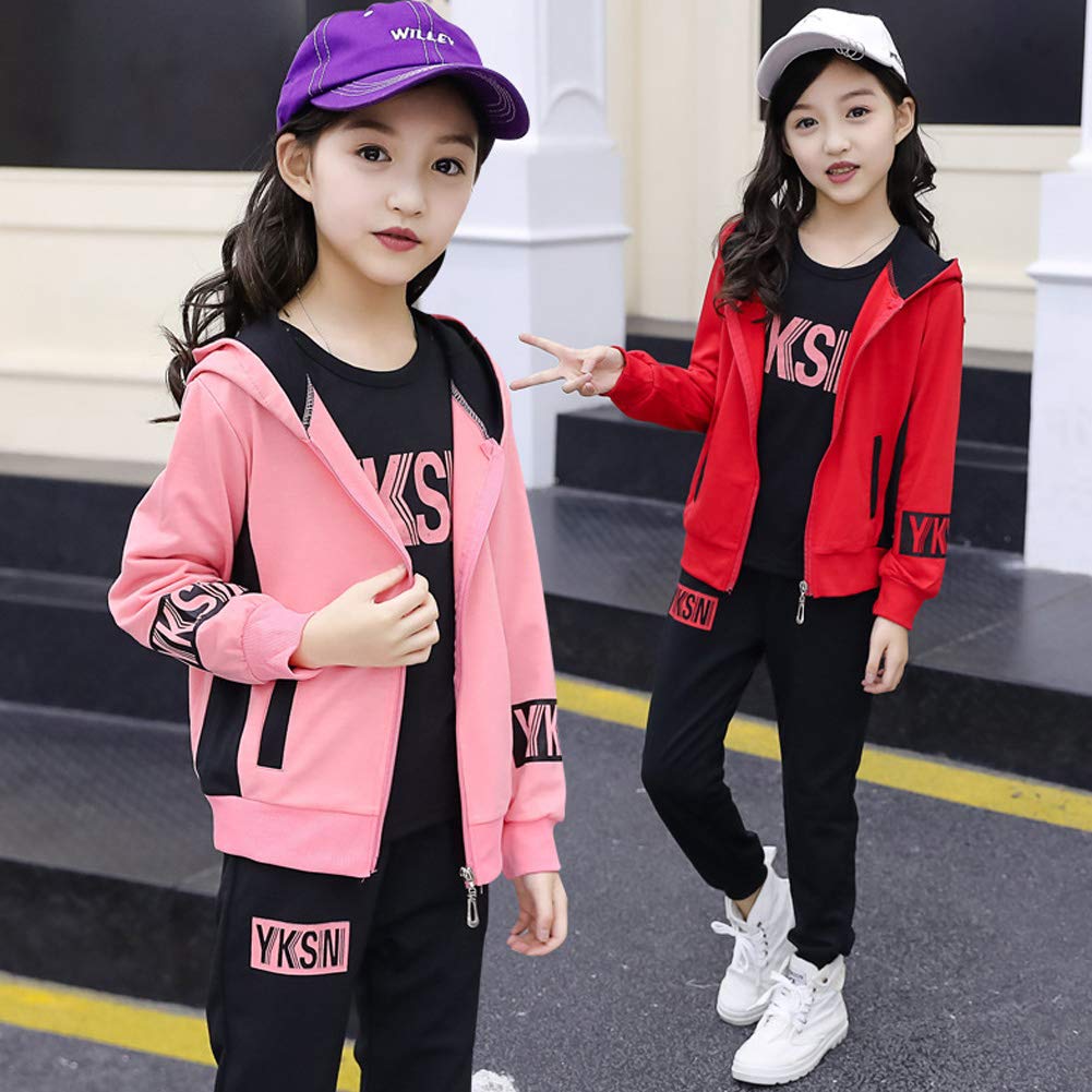 Niñas Chándal Estampado Traje Deportivo 3 Piezas Traje de Jogging Chaqueta con Capucha + Camiseta + Pantalones