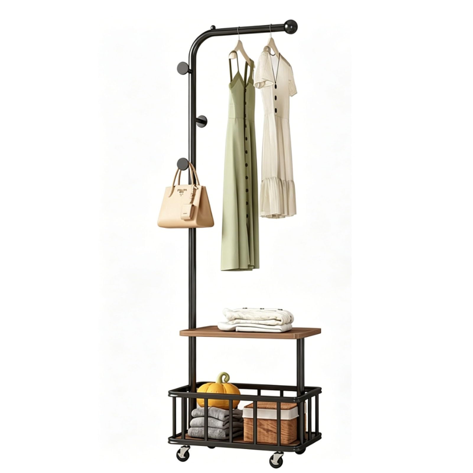 YAOHY Metal Clothing Rack with Wheels, Freestanding Rolling Coat Rack With Hanging Rod And Storage Basket, for Bedroom, Closet, Living Room, Entryway(Black,Style3)