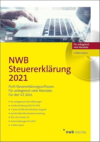 NWB Steuererklärung 2021 – 1-Platz-Lizenz: Software für unbegrenzt viele Erklärungen. Für den VZ 2021. Mit Buchführung 2022 für EÜR. 7 Jahre Elster-Schnittstellen-Support. CD-Version.