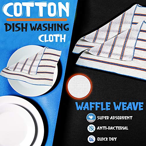 Image of Towelogy 20 Pack Cotton Dish Cloths Waffle Weave White Super Absorbent LINT FREE QUICK DRY Striped Kitchen Tea Towels Dishcloths for Washing Up Machine Washable 35x40cm (White Blue /Orange Stripes)
