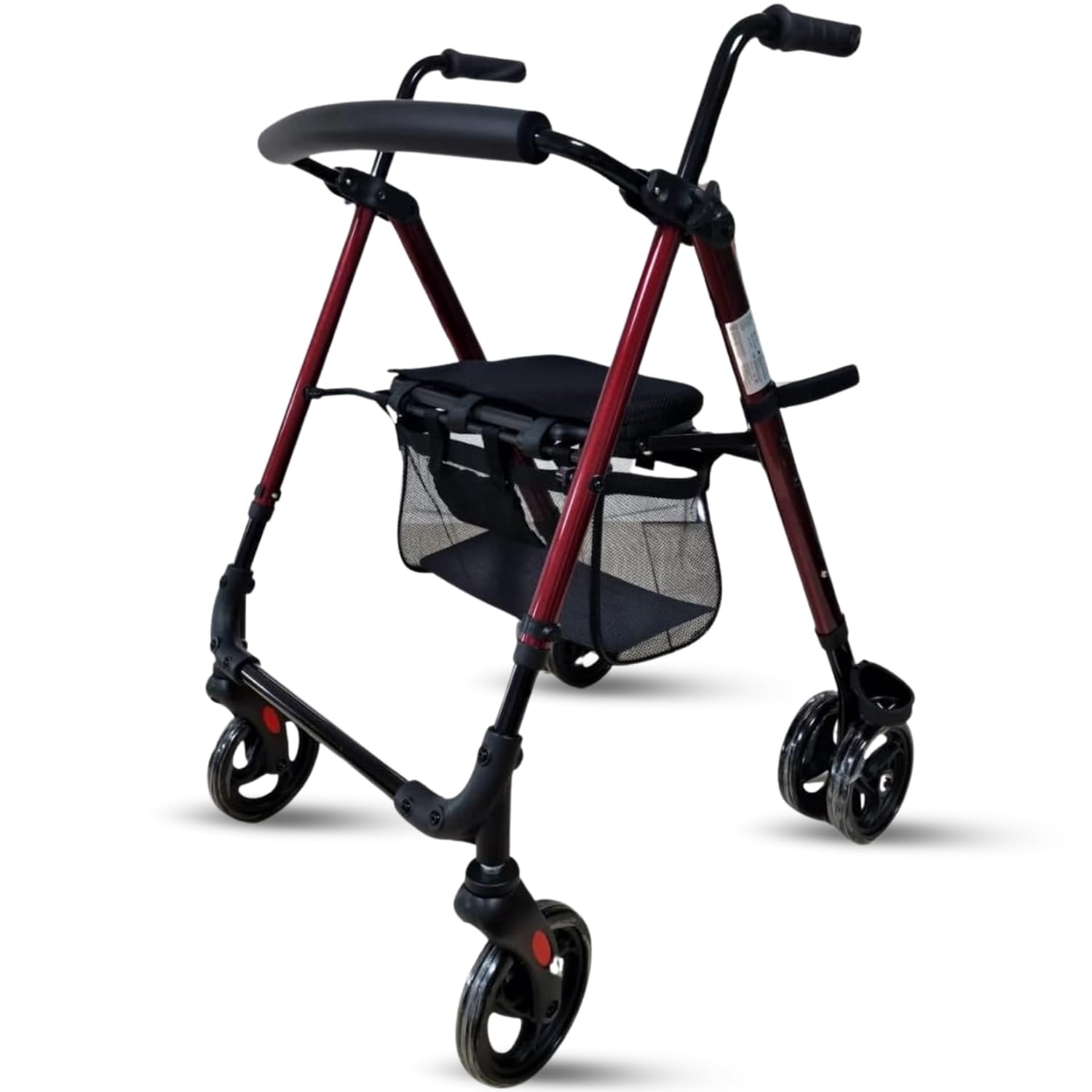 Andador para Ancianos con Asiento MA06, MARCA ESPAÑOLA - Plegable, Ligero y Regulable, Caminador para Personas Mayores con Cesta, 6 Ruedas, FRENOS DE PRESION, RUEDAS 6 PULGADAS, ACERO, COLOR BURDEOS