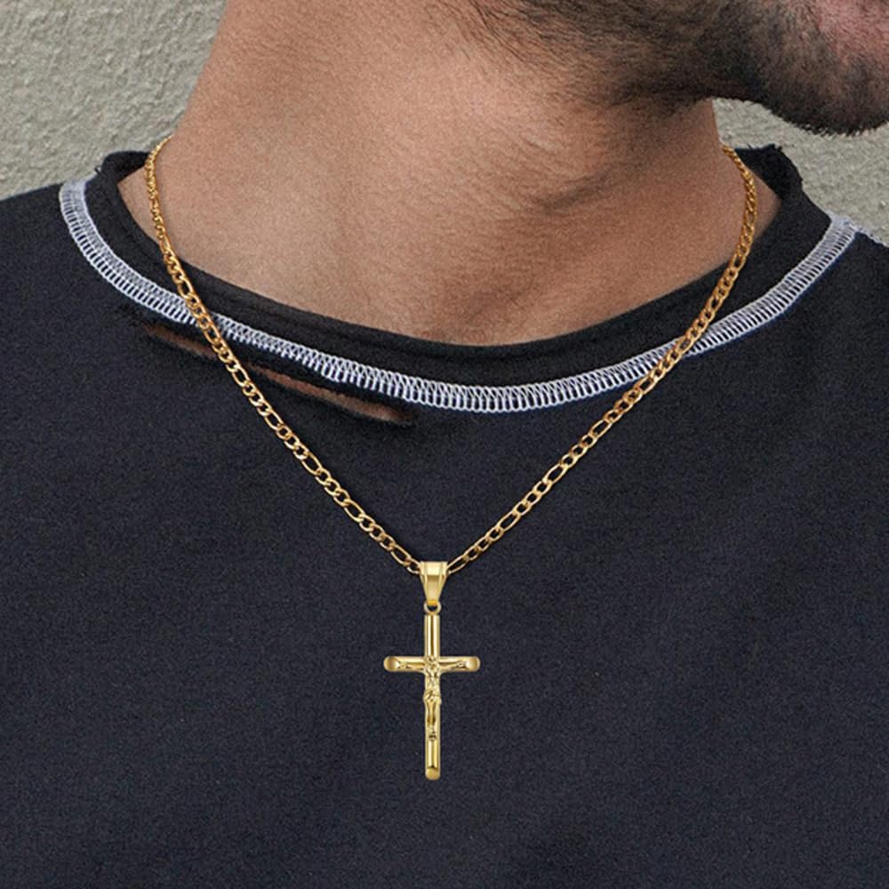 Crucifix Cross Necklace For Men Women Stainless Steel Silver 18k Gold Plated 3mm 20inch Figaro Chain Trendy Jesus Cross Pendant Necklace Baptism Christian Easter Prayer Jewelry Gift - Image 3