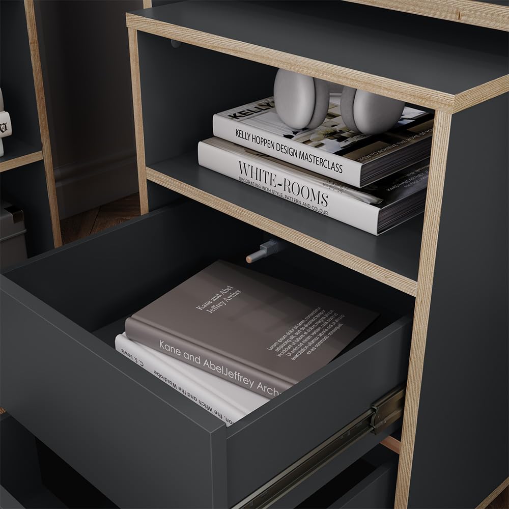 Vicco Rollcontainer Tetrix, Anthrazit, 42 x 55 cm | mit Regalen und 2 Schubladen, auf Rollen für flexible Nutzung im Büro oder Homeoffice
