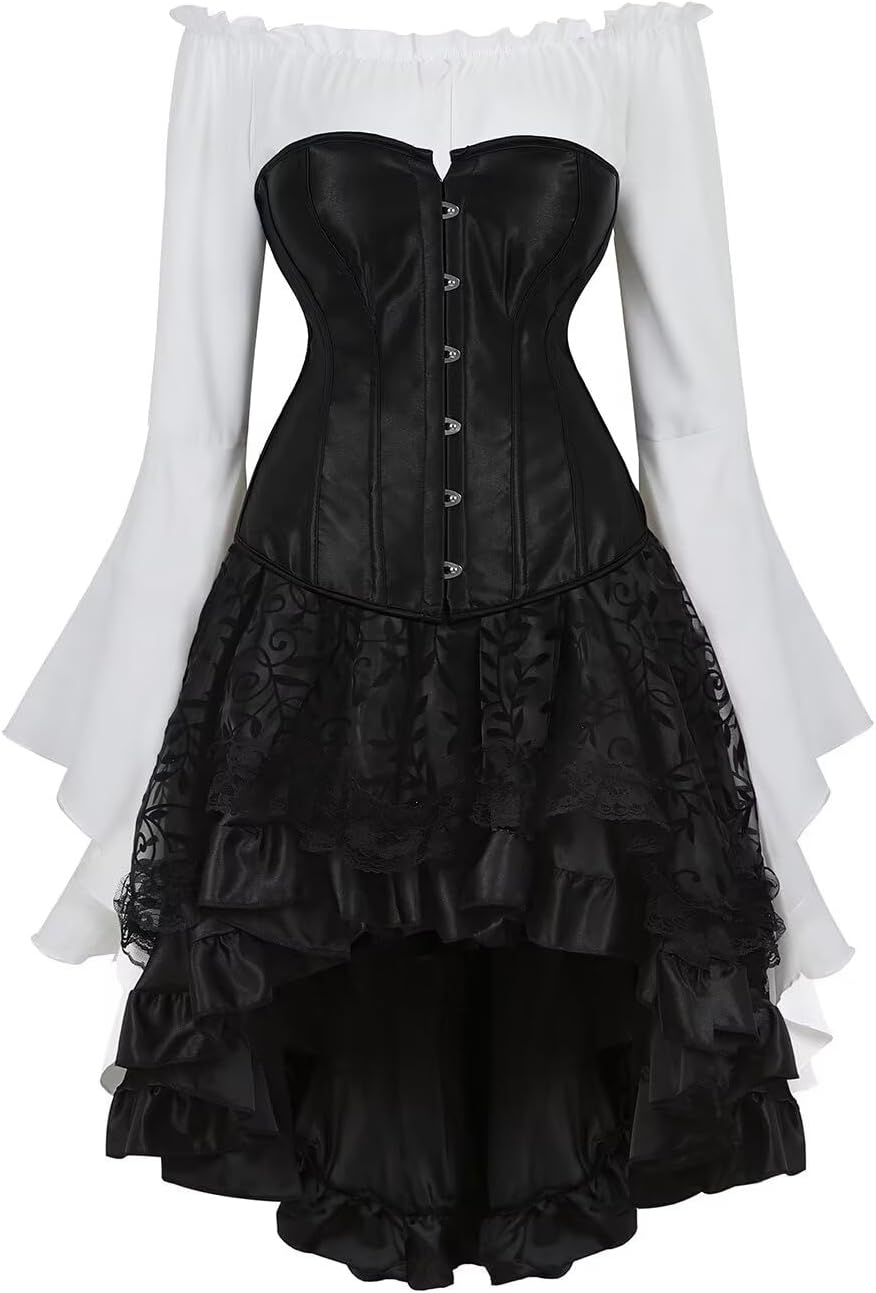 Jutrisujo Black Corset Dress Bustier Top Skirt with Tutu 3 Set Plus Size Vintage Lace up Gothic Costume Halloween