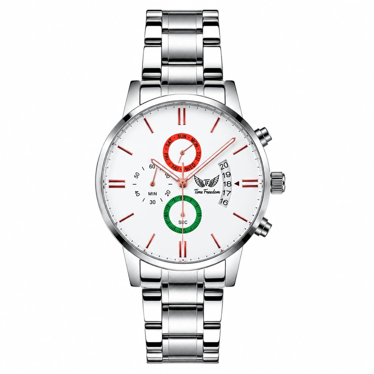 Mens Analog Watch with Day & Date Display, Stainless Steel Strap, White Dial-image-15