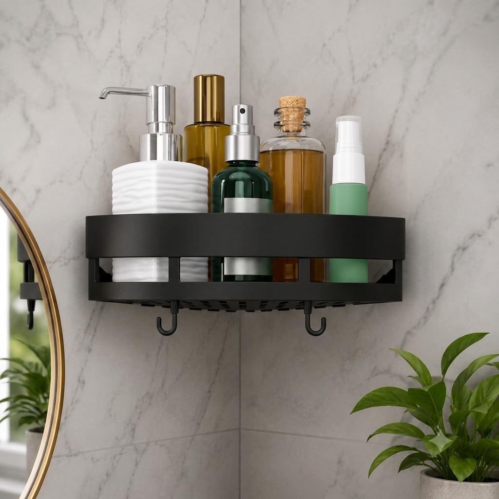 Self Adhesive Corner Bathroom Shelf, No Drill Wall Mounted Bathroom Organizer, Waterproof Shower Storage Rack with Hooks, Space Saving Bathroom Shelf, ABS Plastic (Black - 1)