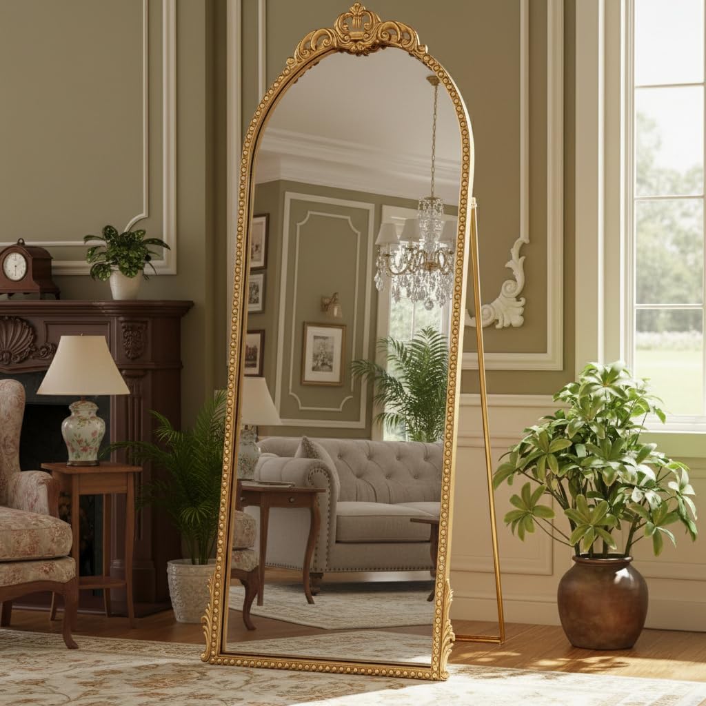 Arched Mirror Full Length: 60"x28" Gold Vintage Full Body Mirror Floor Antique Baroque Traditional Ornate for Entryway/Cloakroom/Bedroom/Living Room - Home Decor for Fashion-Conscious