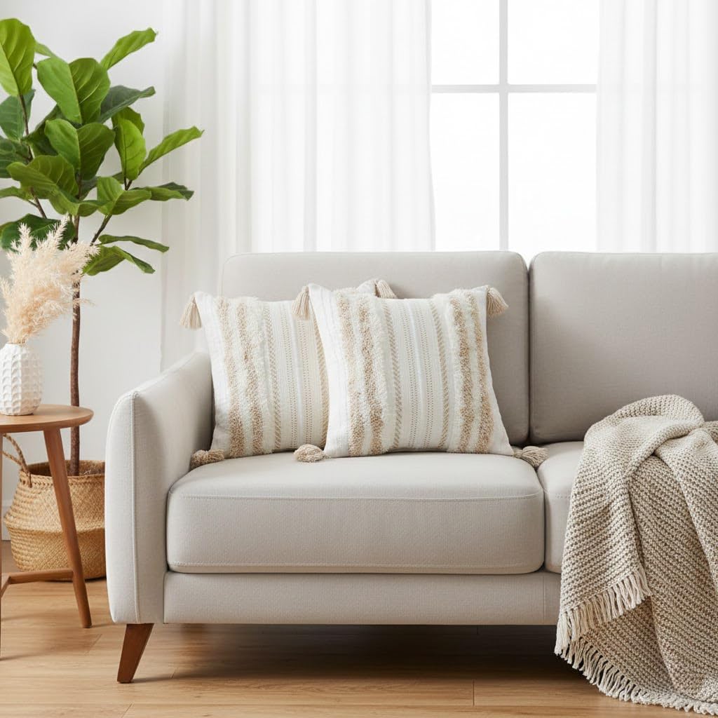 decorUhome Decorative Boho Throw Pillow Covers 18x18 Set of 2, Accent Neutral Textured Tufted Pillow Covers Striped for Couch Bed Sofa Living Room, Khaki and Cream White - Image 4