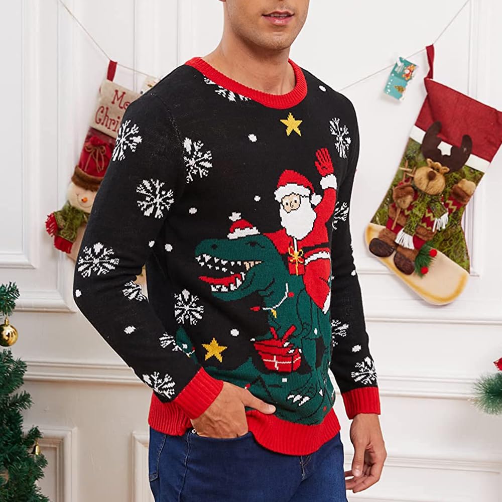 Bseical Weihnachtspullover Herren Lustig Hässliche, Ugly Christmas Sweater, Xmas Strick Pullover Dino Weihnachtsmann Sweatshirt Lange Ärmel