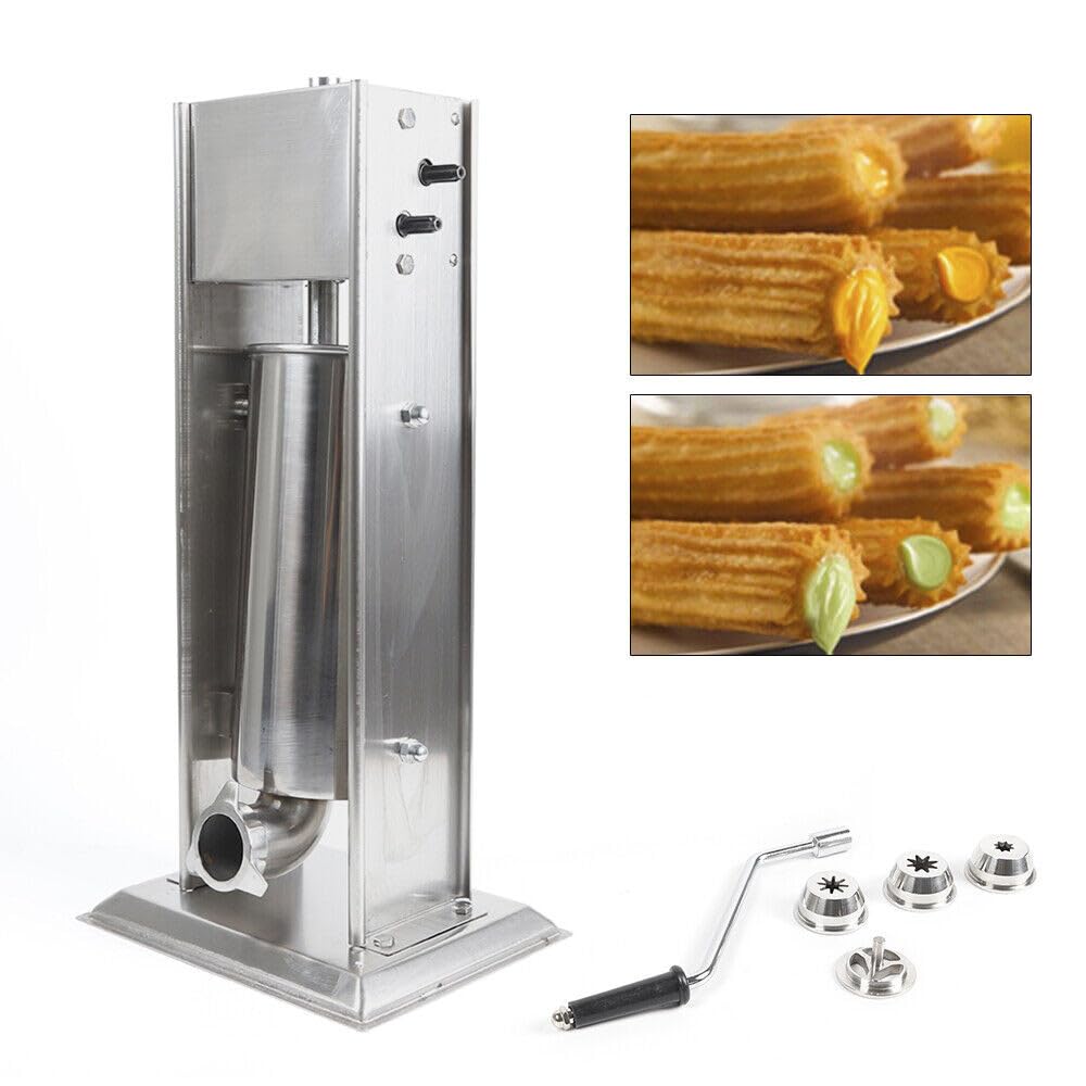 Commercial Churro Maker Machine 5L Churros Machine Manual Vertical Churro Maker Stainless Steel Churro Filler Machine Spanish Donuts Maker with 4 Nozzles for Commercial & Home Use