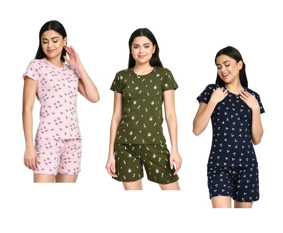Image of IndiWeaves Cotton Printed Tops and Shorts Set Night Suit for Women (Pack of 3) Pink::Green::Dark Blue
