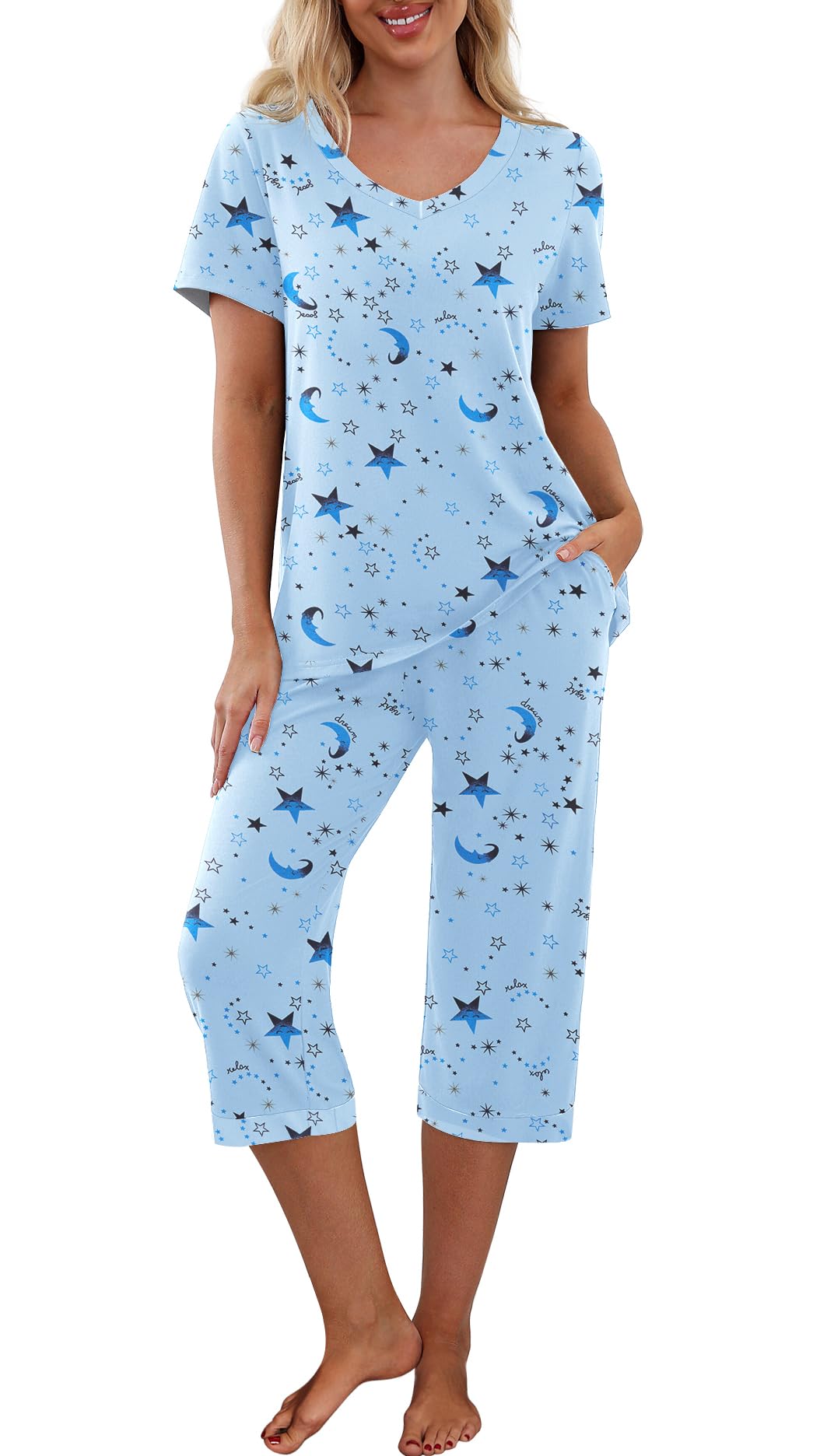 VINTATRE Womens Pajamas Set Short Sleeve Shirt and Capri Pants Sleepwear with Pockets Pjs Sets