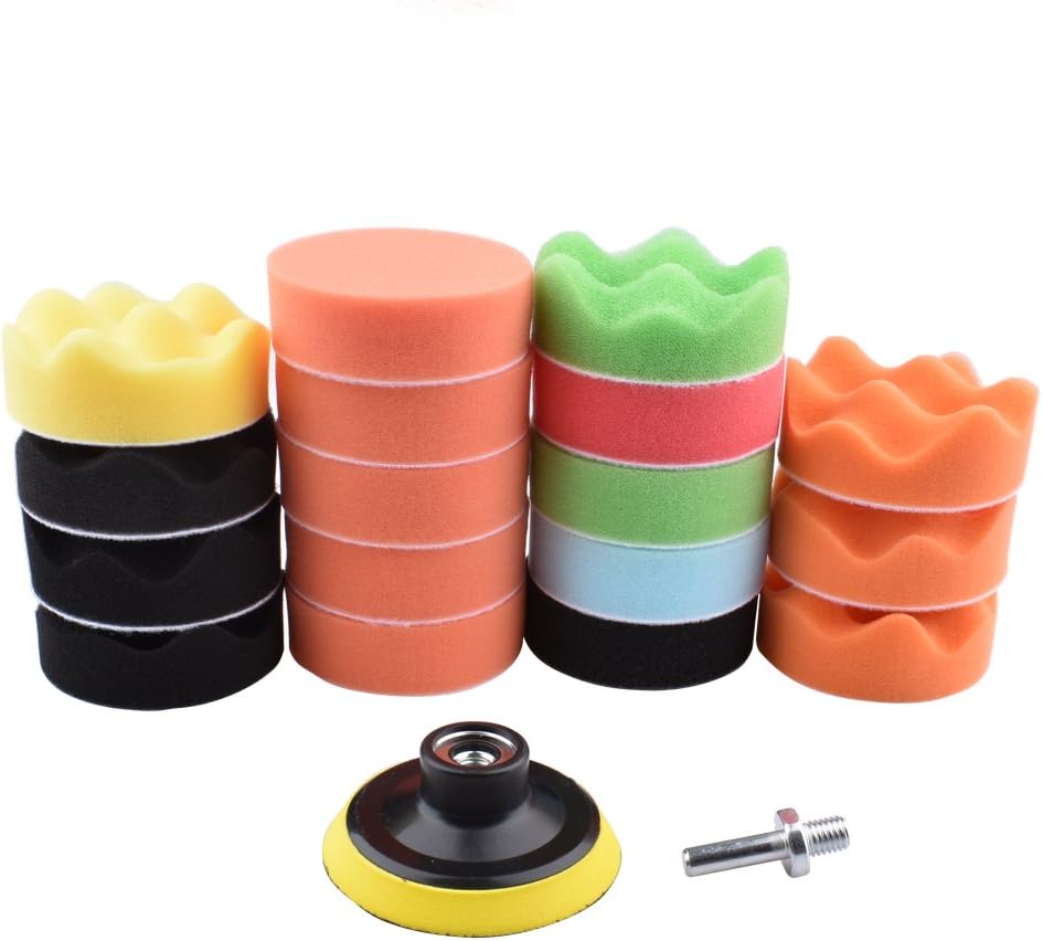 MEAOR Polishing Pads Sponge Buff Pads - 19Pcs 3Inch Buffing Pads Set Kit with M10 Drill Adapter for Car Polisher Waxing Clean