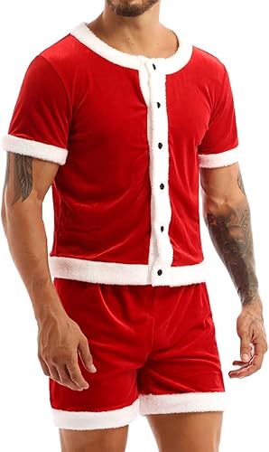 Miniatura 2 de Moily Traje de terciopelo de Papá Noel de terciopelo para hombre, manga corta, botones y bragas sueltas