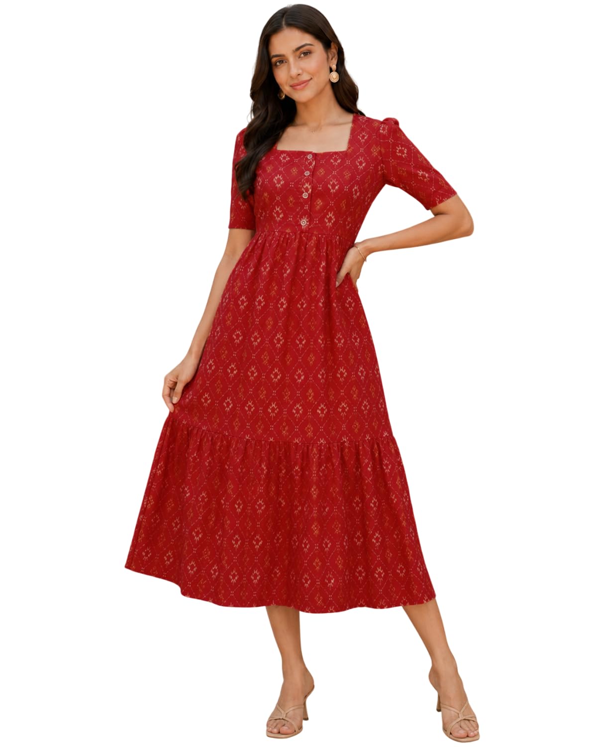 Chanderi Printed Dress for Women | Western Dresses for Women | One Piece Midi Dress | Fit and Flare Dress | A-line Dress (KT74_Blue)-image-33