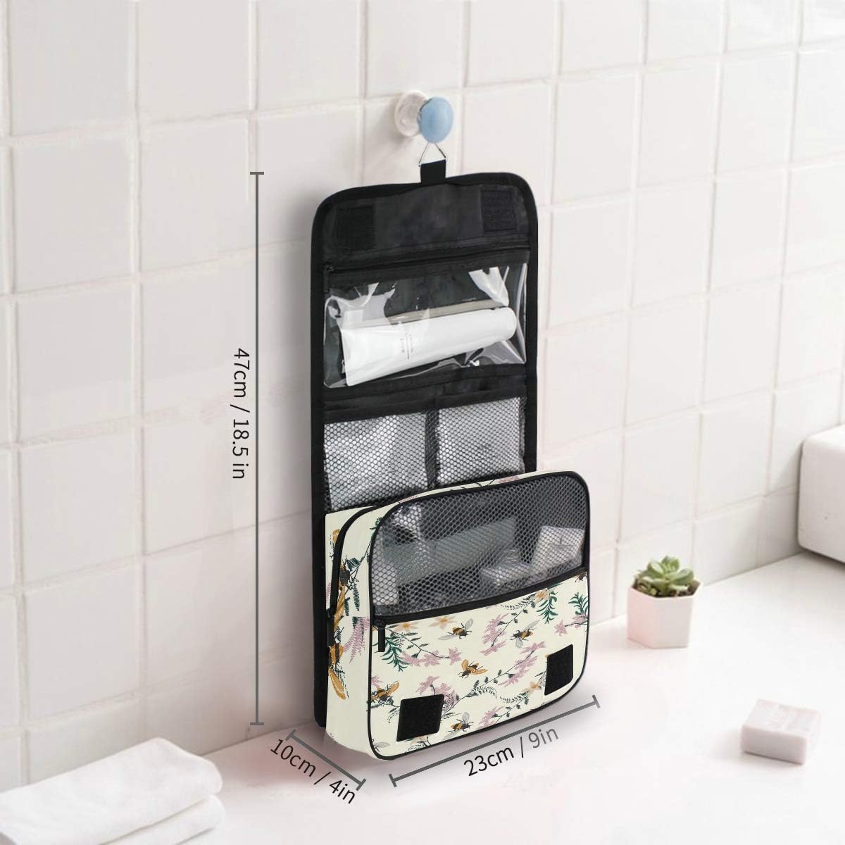 AUUXVA Travel Toiletry Bag Spring Bee Flower Floral Pattern Cosmetic Organizer Bag Hanging Makeup Bag with Zipper Pocket and Handle, Portable Wash Bag for Women Men Girls