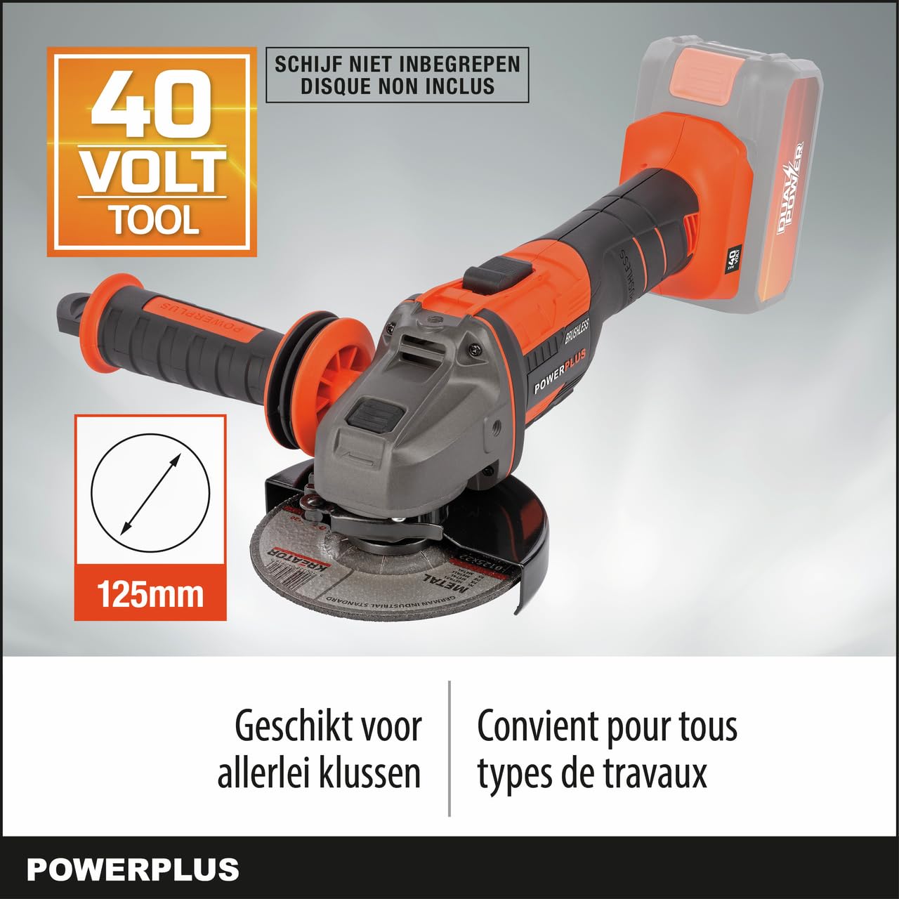 Powerplus Dual Power akumulatorowa szlifierka kątowa POWDP35170 40 V, tarcza ścierna Ø 125 mm, kompaktowa i ergonomiczna szlifierka - bez baterii i ładowarki