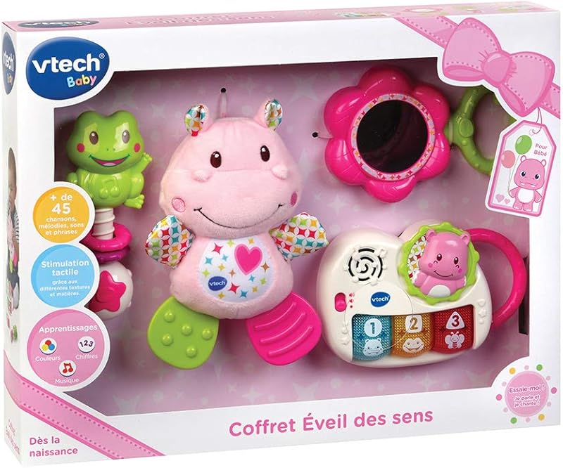 VTech - Coffret Naissance Éveil des Sens Rose, Premiers Jouets Bébé, Doudou Hippo en Peluche, Piano Lumineux et Interactif, Hochets Grenouille et Miroir, Cadeau Nouveau-Né - Contenu en Français