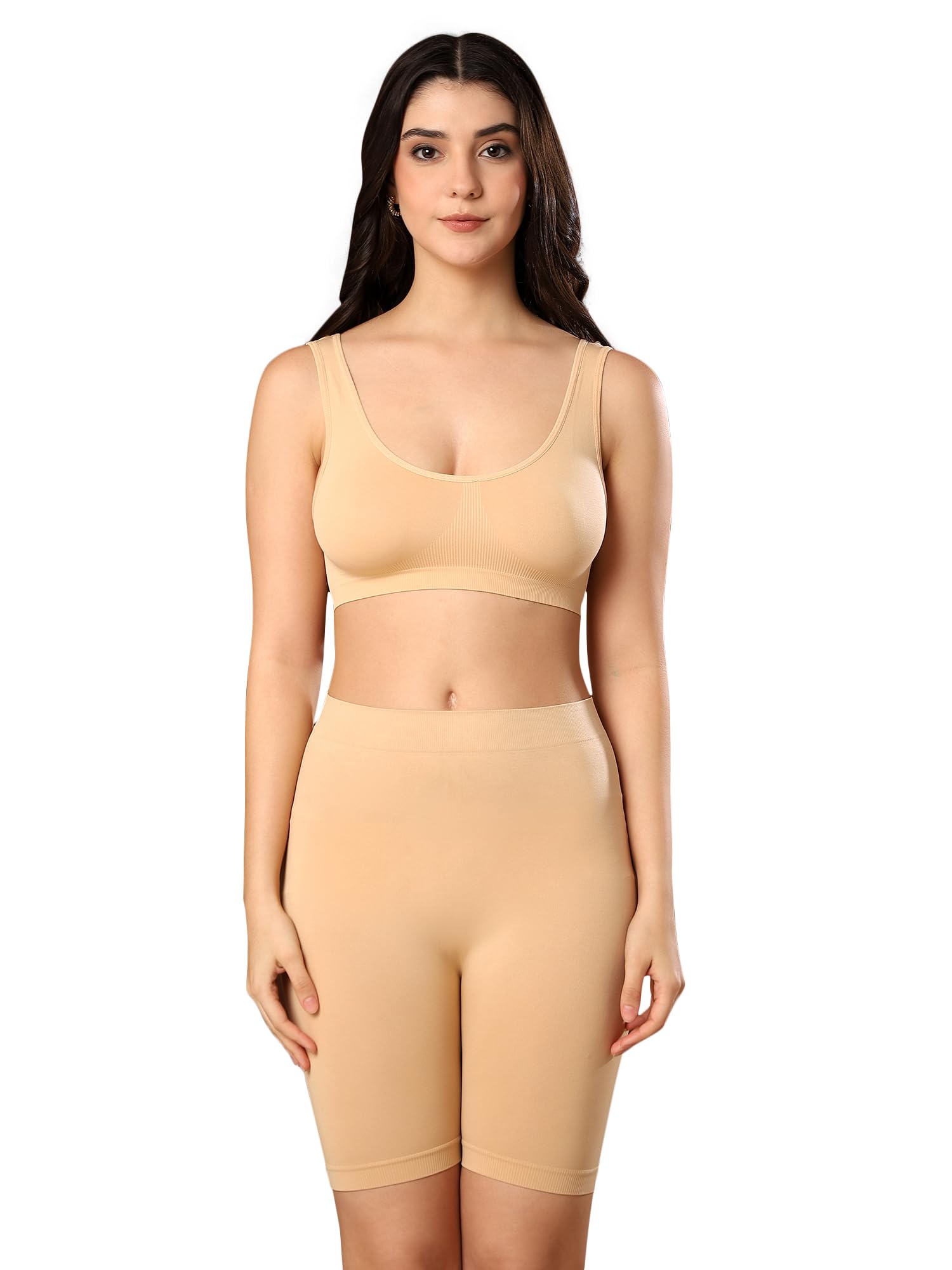 paavki Women's Non-Padded Seamless Comfort Fit Stretchable Hosiery Sports Air Bra and Skin Tight Shorts Set | Suitable for Workout Activwear Gym Running Swimming Night Wear-picture-1