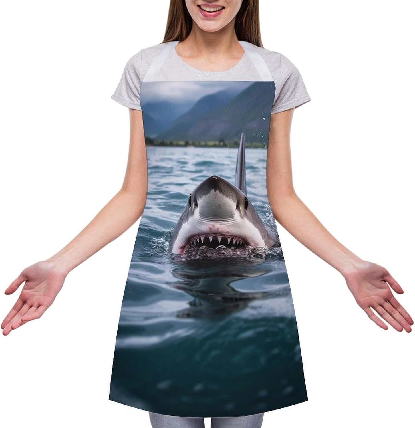 Shark in The Lake Chef Aprons with Pockets Personalized Adjustable Bib Apron for Men Women Fashion Waterproof Cooking Aprons Cute Funny Kitchen Apron for Work Home&Gift
