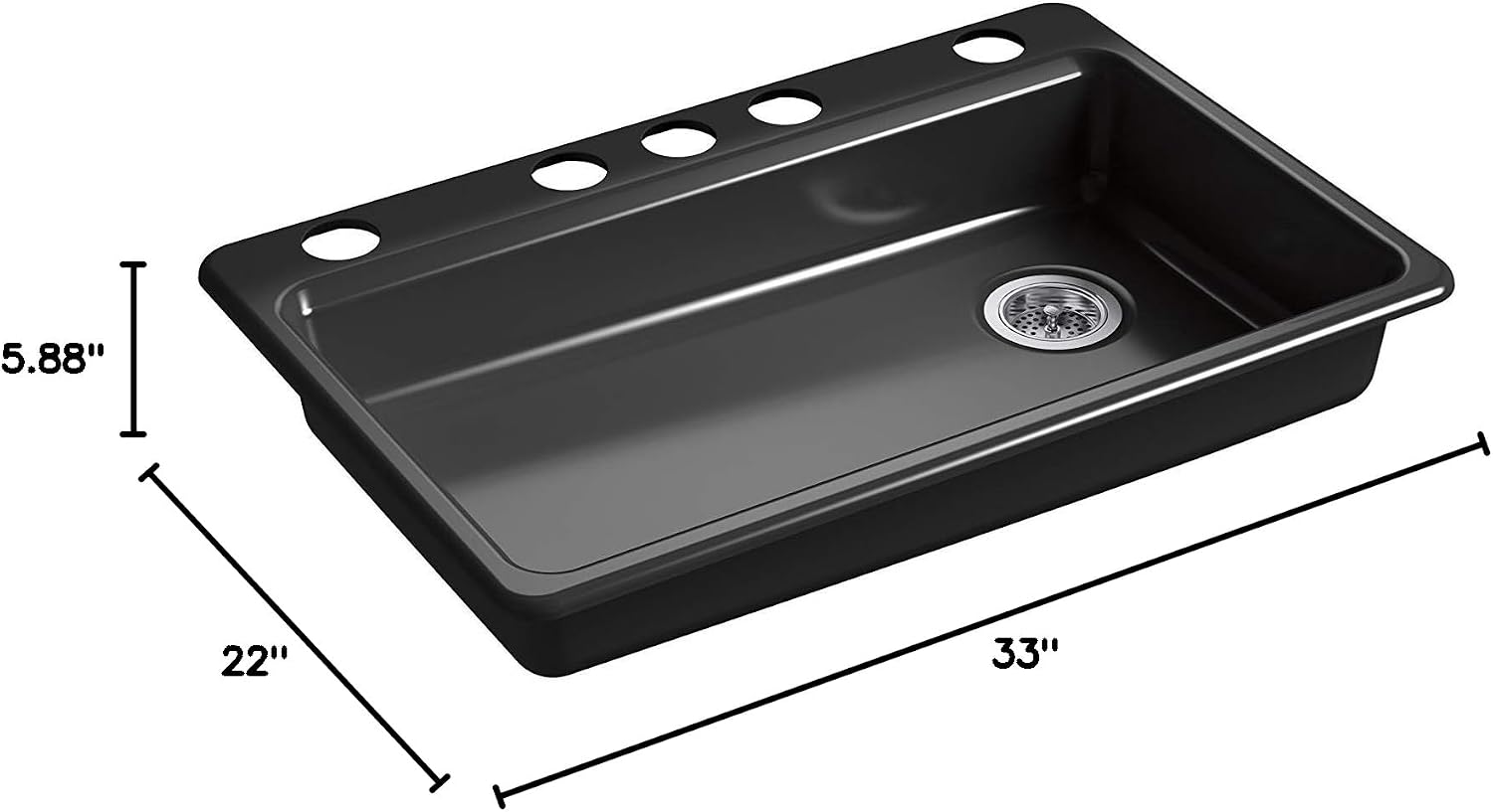 KOHLER K-8689-5U-7 Riverby Undermount Single-Bowl Kitchen Sink with 5 Oversized Faucet Holes, 33" x 22" x 5-7/8", Black Black