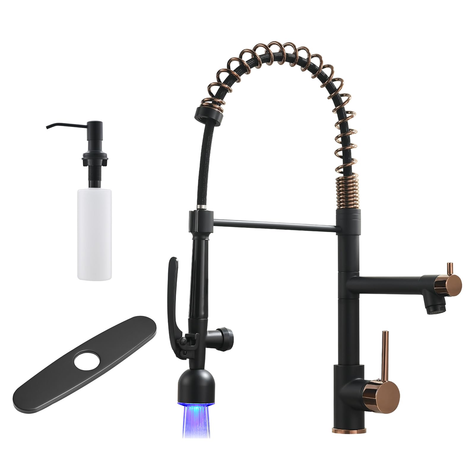 FapullySingle Handle Pull Down Sprayer LED Black&Rose Gold Kitchen Faucet with Deck Plate and Soap Dispenser