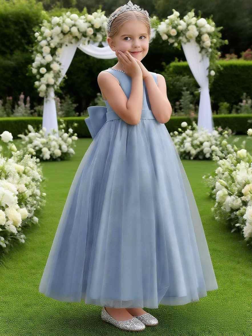 Satin Beaded V-Back Bow Long Flower Girl Dress Tulle Junior Bridesmaid Dresses A-Line Princess for Weddings Pageants