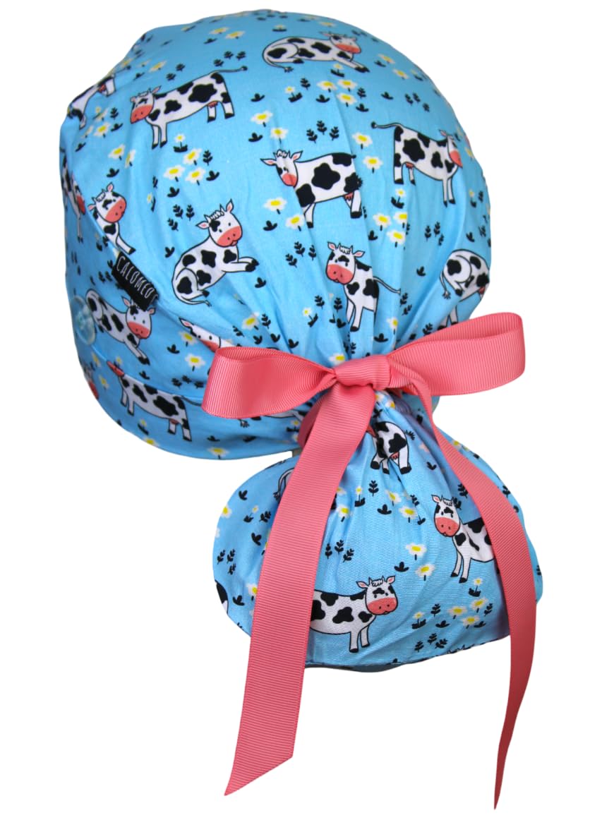 Scrub Cap for Women and Men, Ponytail Scrub Caps, Working Hat, Head Cover with Ribbon Ties and Buttons, Long Hair