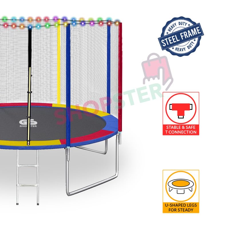 Image of Shopster Festive Edition 12 feet Heavy-Duty Jumping Trampoline for Adults & Kids with Safety Net, Remote-Control Waterproof LED Lights - Perfect for Indoor & Outdoor, Bouncer, Supports Upto 200kg