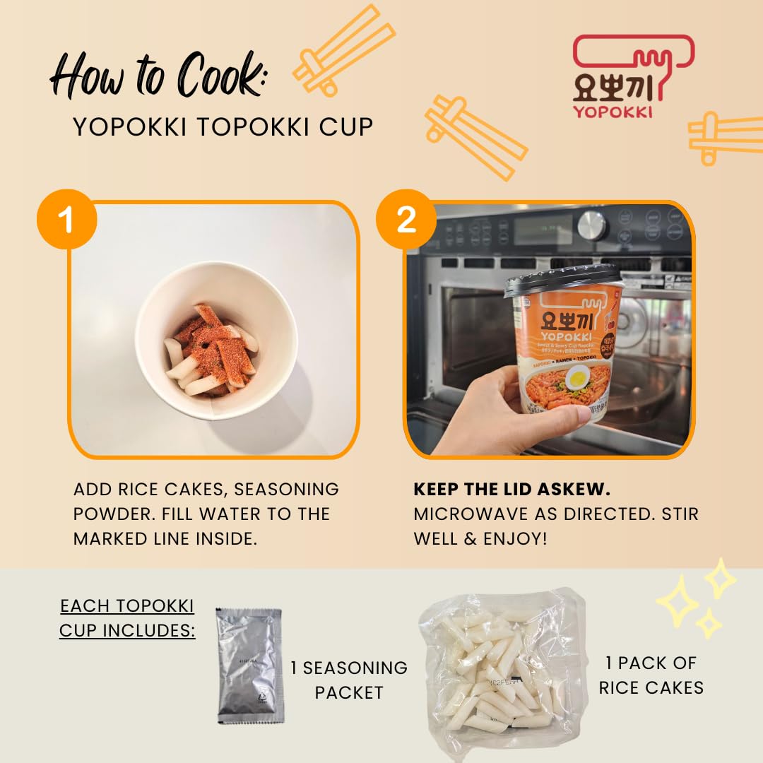 Yopokki Instant Tteokbokki Rice Cakes Korean, Variety Topokki Cup - Great with Cheese and Ramen Toppings, Korean Snacks for College Dorm, Korean Street Food Quick & Easy to Prepare, Pack of 6