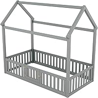 Vista 6 de Bellemave Cama Montessori de tamaño individual para niños, camas de piso de madera con barandillas de valla y puerta, cama individual para niños