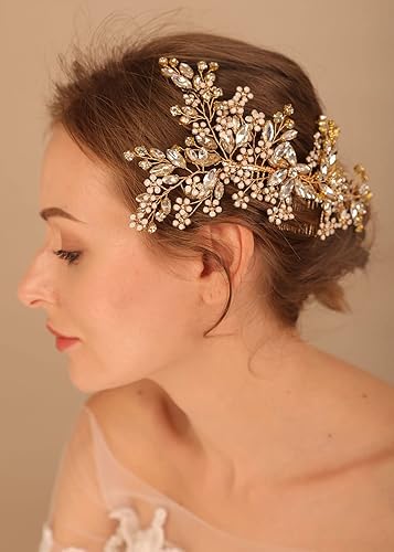 Miniatura 4 de Denifery Peine de pelo de boda de cristal dorado con diamantes de imitación plateados, peine lateral para novia, pieza de pelo de ópalo, accesorios