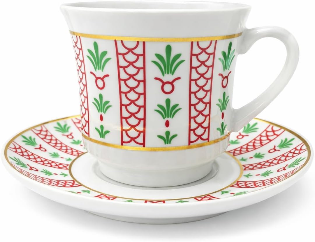 Luxury Porcelain Tea Cup and Saucer Set, 12-Piece (6 Cups + 6 Saucers), Traditional Red & Green Design with Gold Trim, Perfect for Tea & Coffee