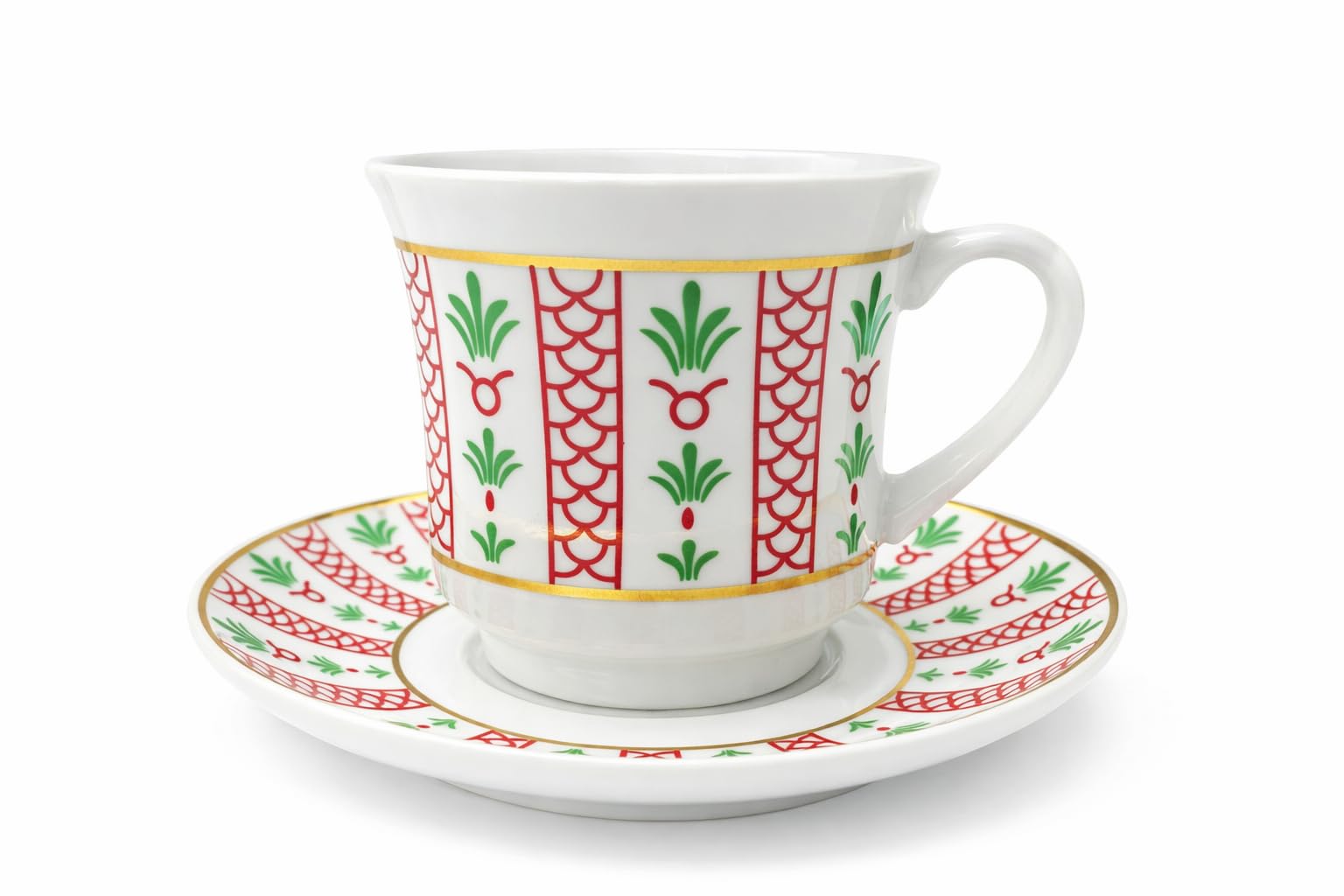 Luxury Porcelain Tea Cup and Saucer Set, 12-Piece (6 Cups + 6 Saucers), Traditional Red & Green Design with Gold Trim, Perfect for Tea & Coffee