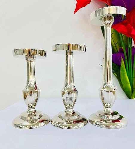 Miniatura 5 de Juego de 3 portavelas de pilar plateado, portavelas de metal, candelabros decorativos para mesa, chimenea, comedor, fiesta, centros de mesa de boda,