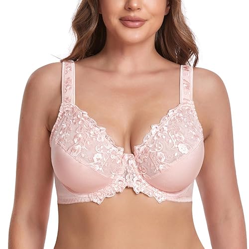 Women's Full Coverage Floral Underwire Non Padded Lace Bra Plus Size Lingerie - 46I - Pink