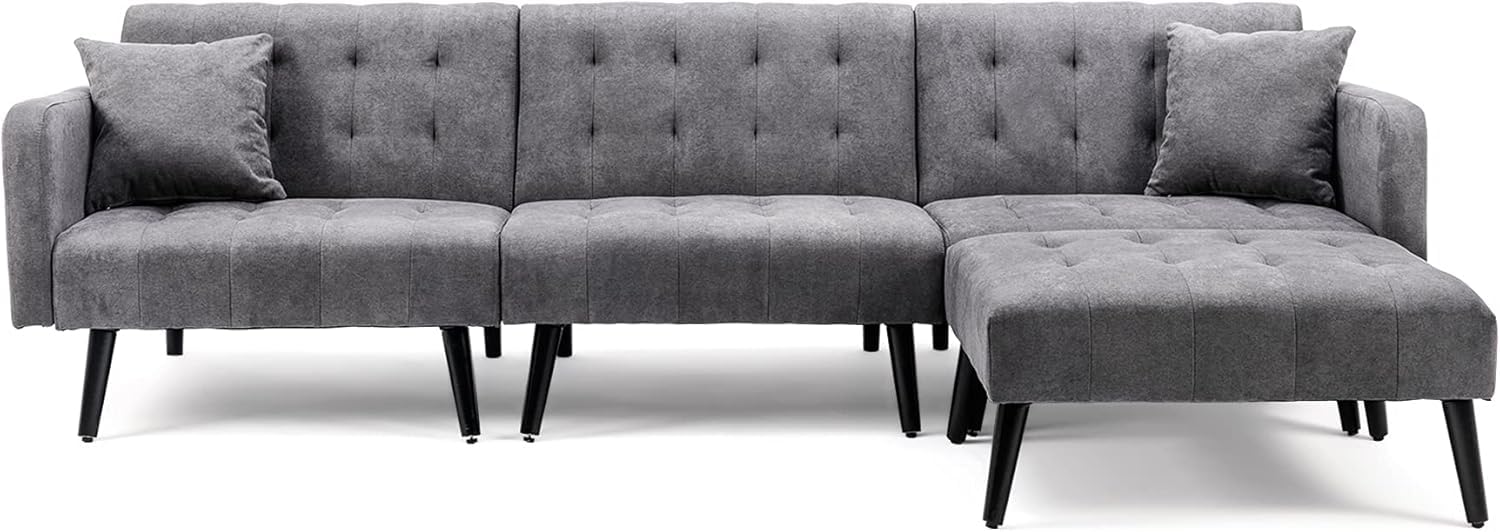 Modern Linen sectional Convertible Sofa Bed Reversible Sectional Sofa Sleeper Mid-Century Upholstered Comfy Couches for Living Room w/Chaise Lounge,Split-Back,Removable Armrests(Dark Grey)
