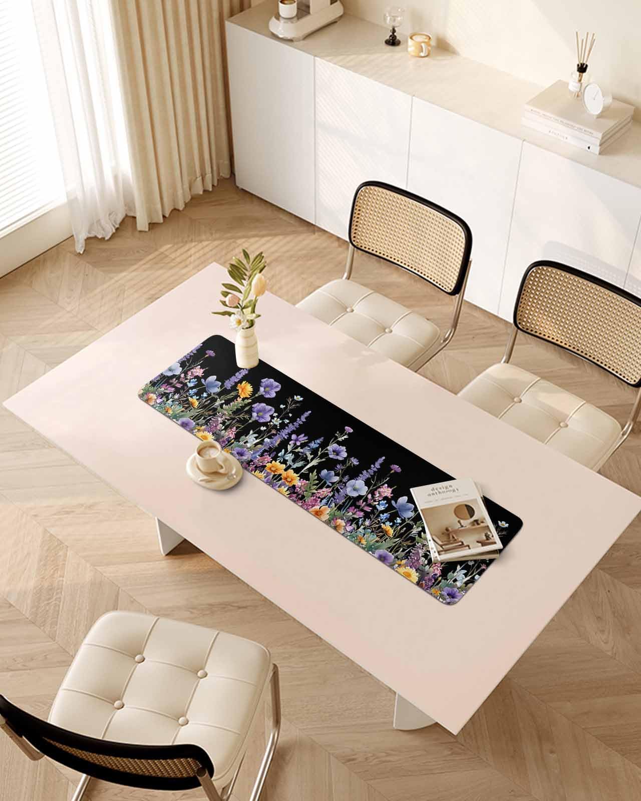 Debedcor Heat Proof Table Pads Waterproof Decorative, Purple Floral Non-Slip Table Countertop Protector, Black Rustic Botanical Flower Leaves Insulation Mat for Kitchen Room, 40 x 12 Inches